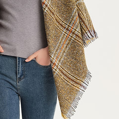 Checkered Triangle Tassel Scarf Warm Soft Fringe Yellow Blanket