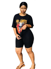 Skull Print Short Sleeve Tee & Biker Shorts Set Plus Size Women's 2pcs Outfit