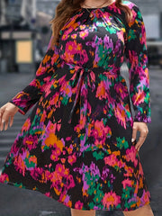 Boho Dress Women's Plus Tie Dye Long Sleeve Round Neck Midi Dress