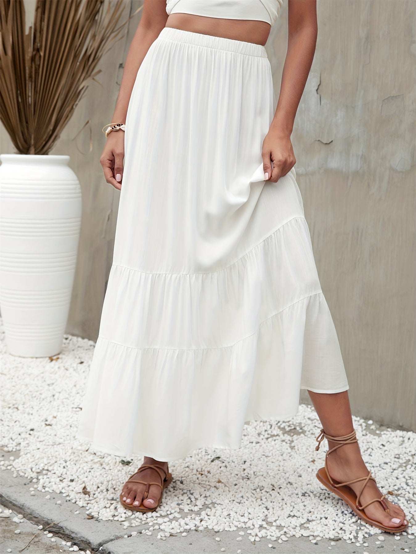 Boho Ruffle Trim Tiered Long Skirts Elastic Waist A line Maxi Skirts Women's