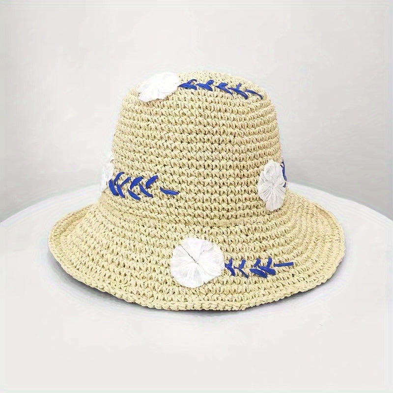Flower Embroidery Straw Bucket Hat Boho Crochet Solid Basin Hat