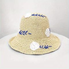 Flower Embroidery Straw Bucket Hat Boho Crochet Solid Basin Hat