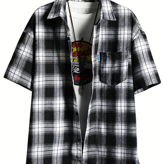 Plaid Print Men's Casual Short Sleeve Shirt With Pocket for Summer