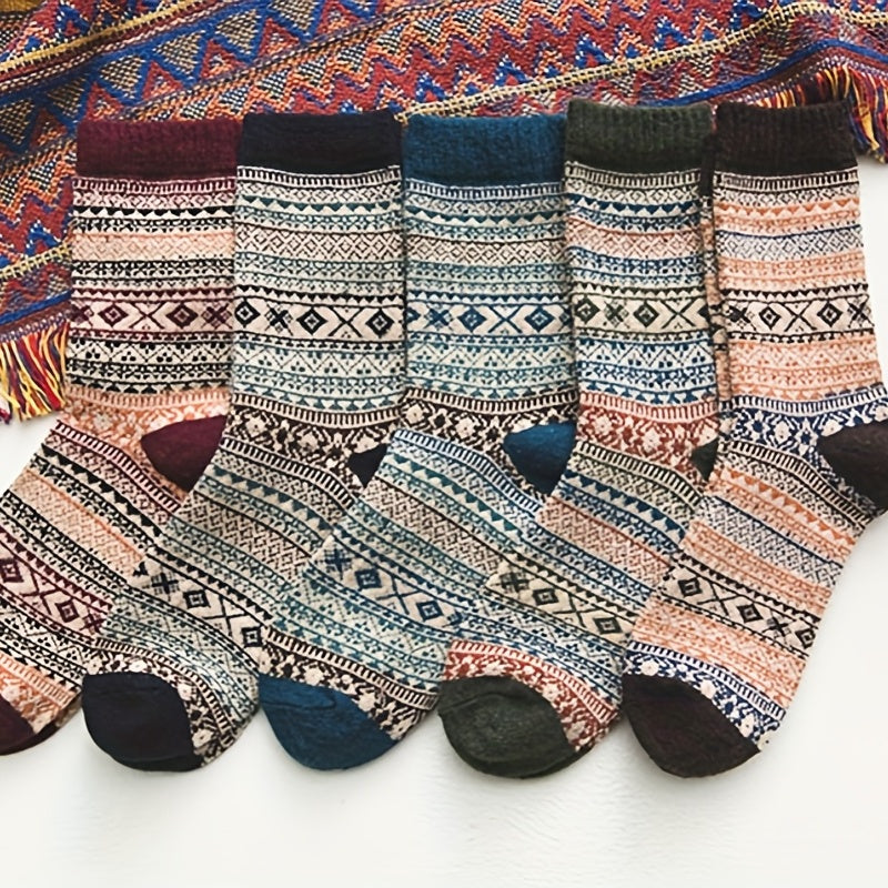 5 Pairs Geometric Pattern Ethnic Style Socks Women's Stockings