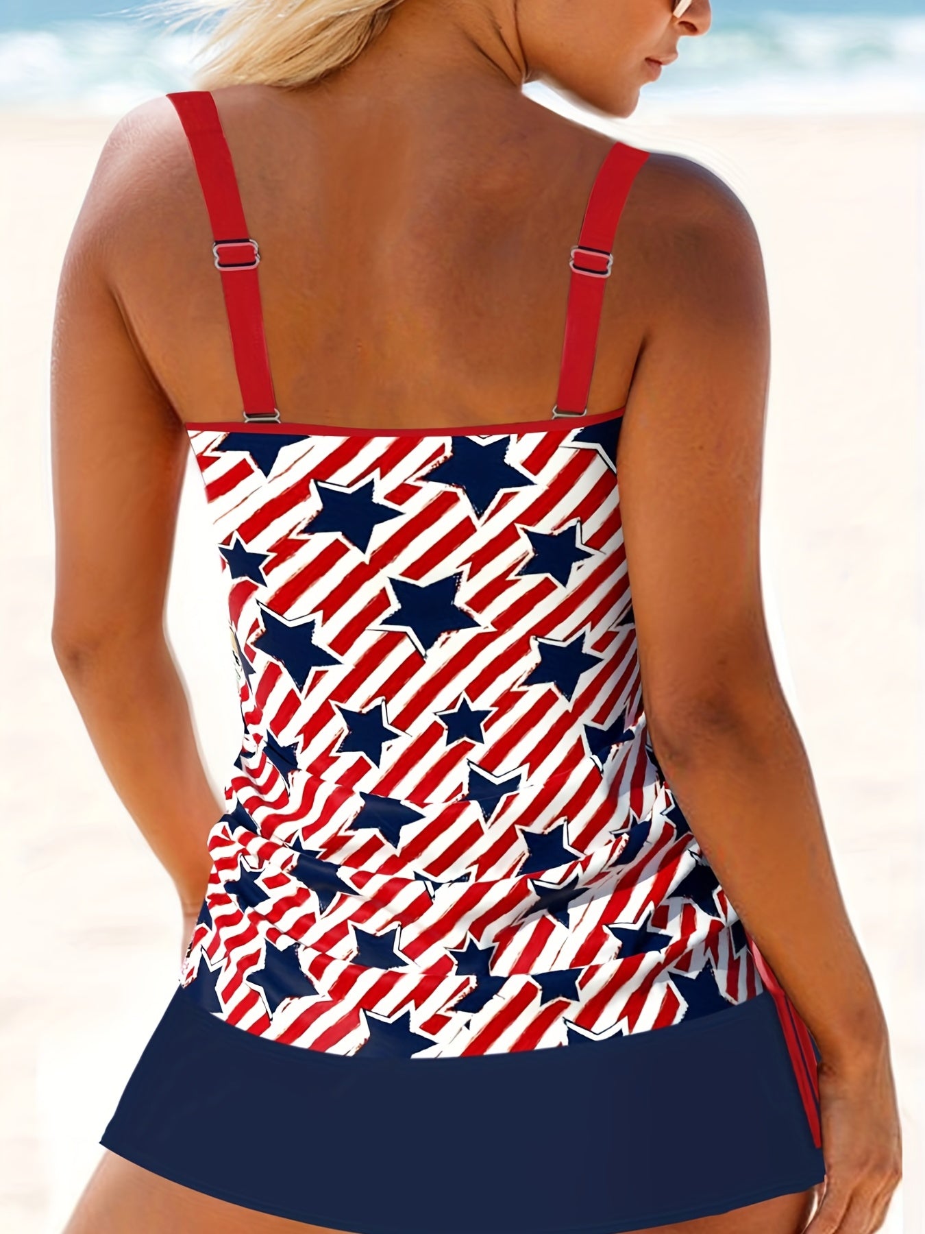 Stripe & Star Print Tankini Set V Neck Side Tie Ruched Cami Top & Skor