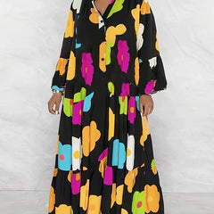 Floral Button Up Bell Sleeve V Neck Maxi Dress