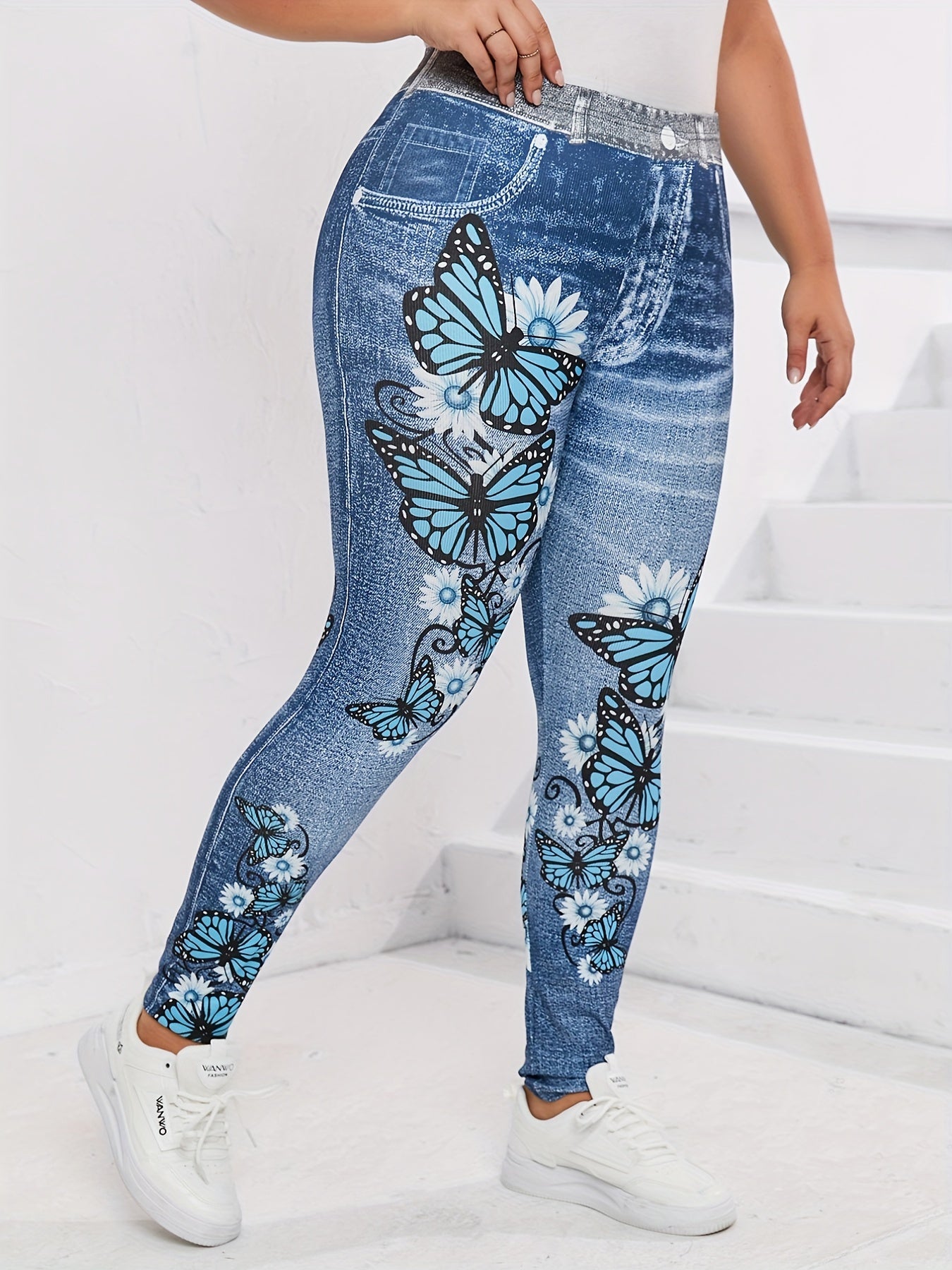 Butterfly & Denim Print High Stretch Leggings