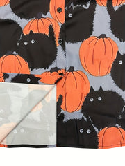 Halloween Blouse Women's Cat & Pumpkin Print Button Up
