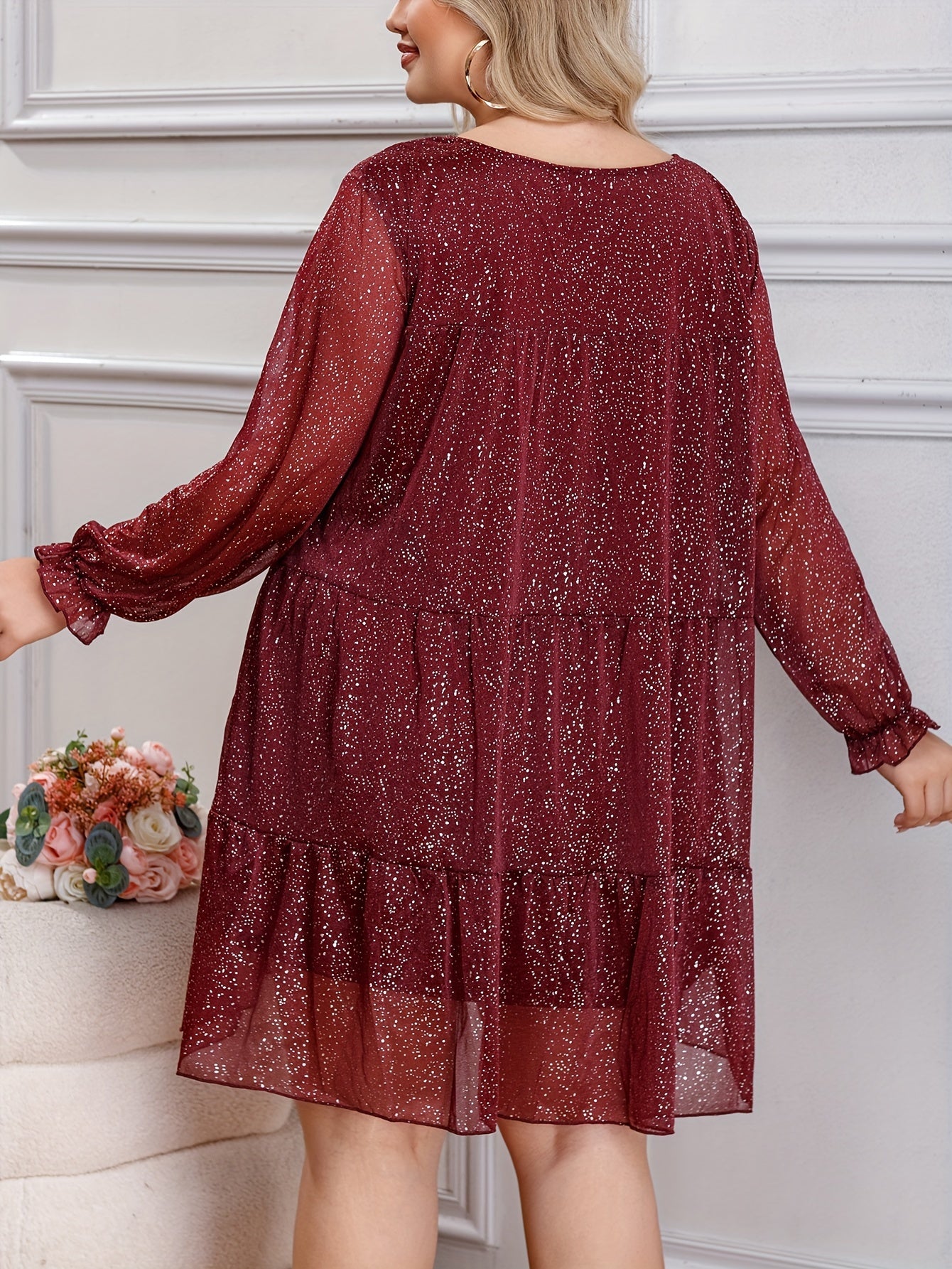 Women's Plus Glitter Flounce Sleeve Mesh Mini Dress