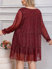 Women's Plus Glitter Flounce Sleeve Mesh Mini Dress