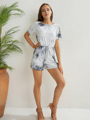 Tie Dye Drawstring Romper Jumpsuit Short Sleeve Casual Women's Clothing