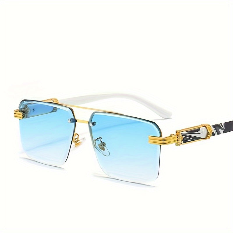 Men's Half Frame Square Sunglasses Wood Grain UV Protection