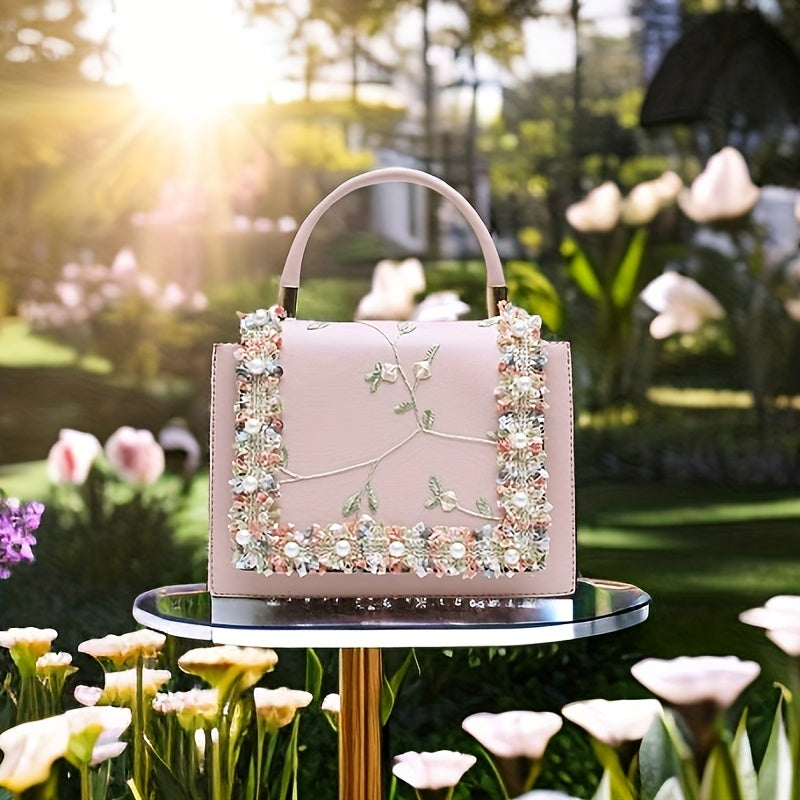 Floral Embroidery Handbags Faux Pearl Decor Crossbody Bag Sweet Purses