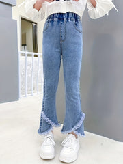 Girls Flared Denim Pants with Lace Trim for Kids