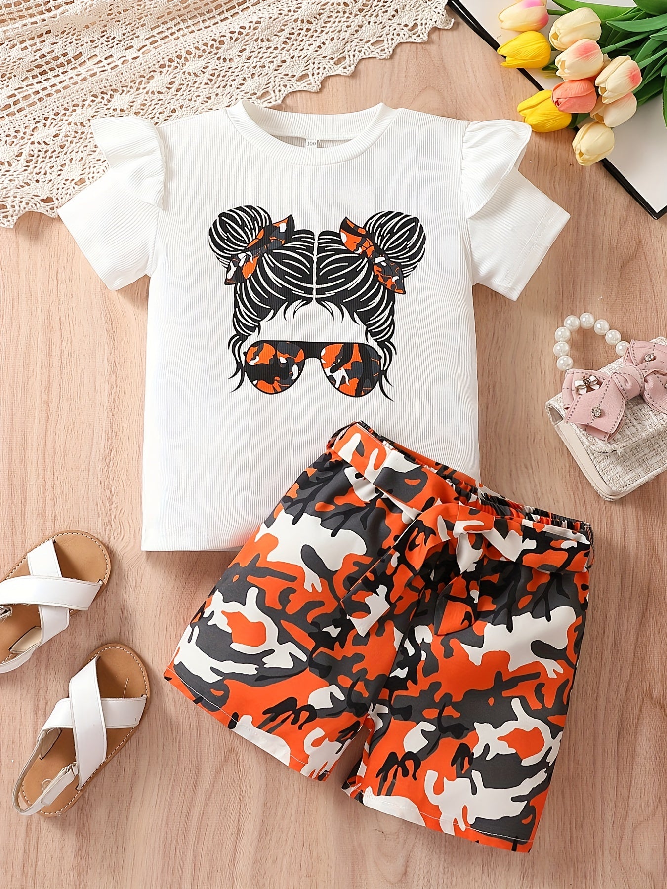 Girls Cartoon Girl Graphic Top & Camo Shorts Set