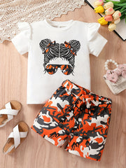 Girls Cartoon Girl Graphic Top & Camo Shorts Set