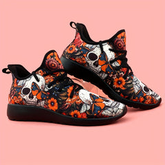 Women's Skull & Flowers Print Sneakers Lace Up Outdoor Shoes