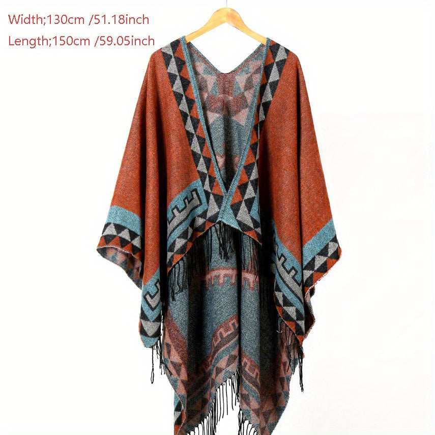 Boho Geometric Jacquard Shawl Tassel Wrap Windproof Cape
