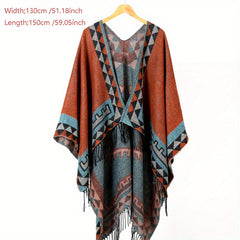 Boho Geometric Jacquard Shawl Tassel Wrap Windproof Cape