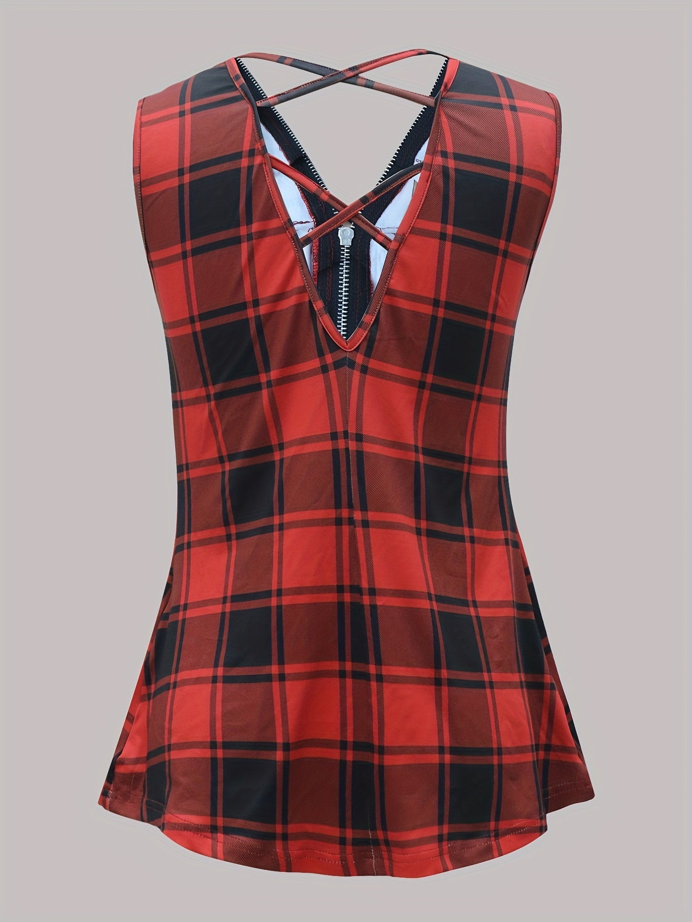 Plaid Print Zip Up Tank Top Cross Back Sleeveless Summer Women's Clothing