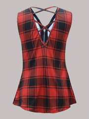 Plaid Print Zip Up Tank Top Cross Back Sleeveless Summer Women's Clothing