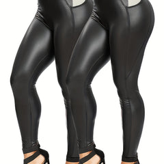 2 Pack Plus Size PU Leather Yoga Pants Set High Waist Sports Leggings