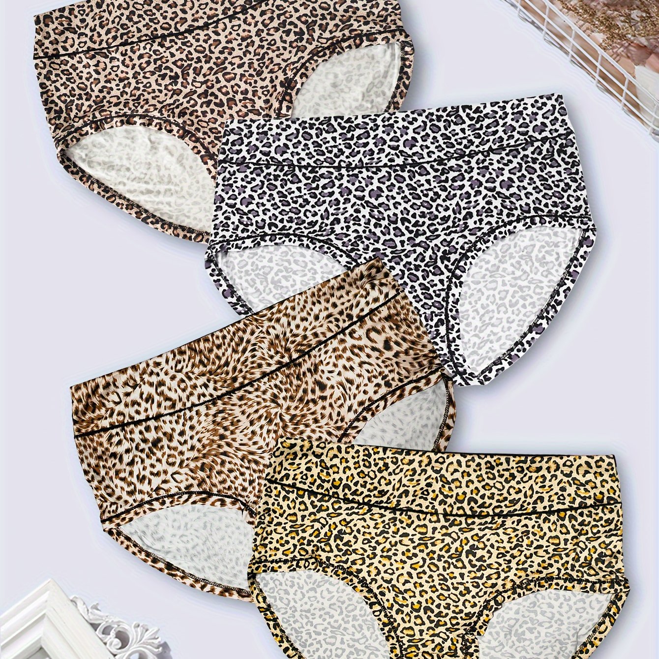 4 Pack Plus Size Sexy Panties Set Leopard Print Briefs Breathable Stretch 4pcs