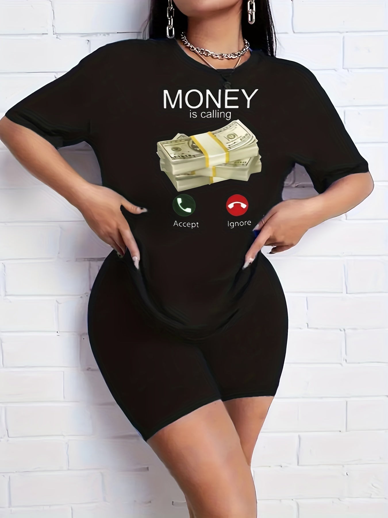 2pcs Money Graphic Crew Neck T-shirt & Solid Shorts Women's Activewear Set