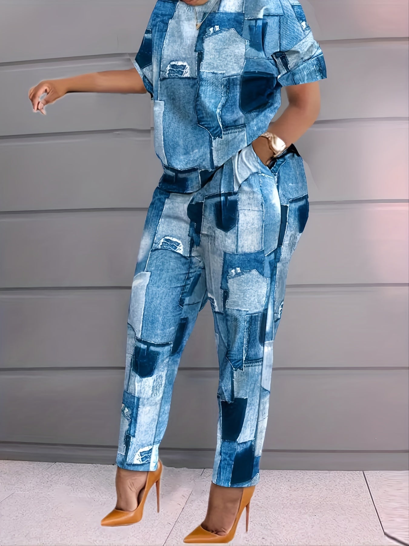 Denim Print Two Piece Set Short Sleeve T shirt & High Waist Pants Outfits