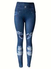 Faux Denim Print Yoga Pants High Waist Fitness Leggings