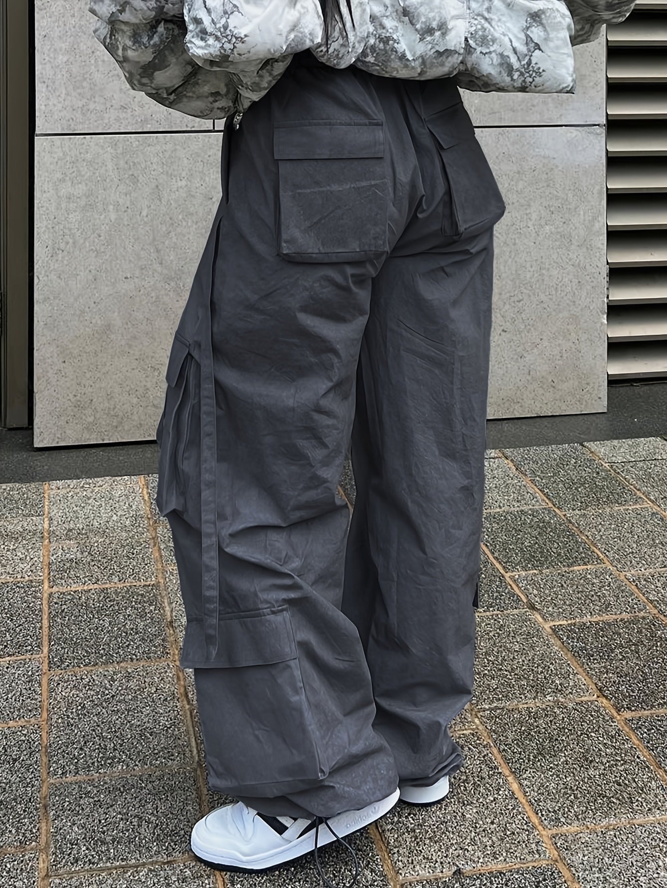 Solid Flap Pockets Wide Leg Pants Casual Loose Drawstring Long Length Pants
