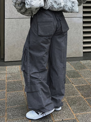Solid Flap Pockets Wide Leg Pants Casual Loose Drawstring Long Length Pants
