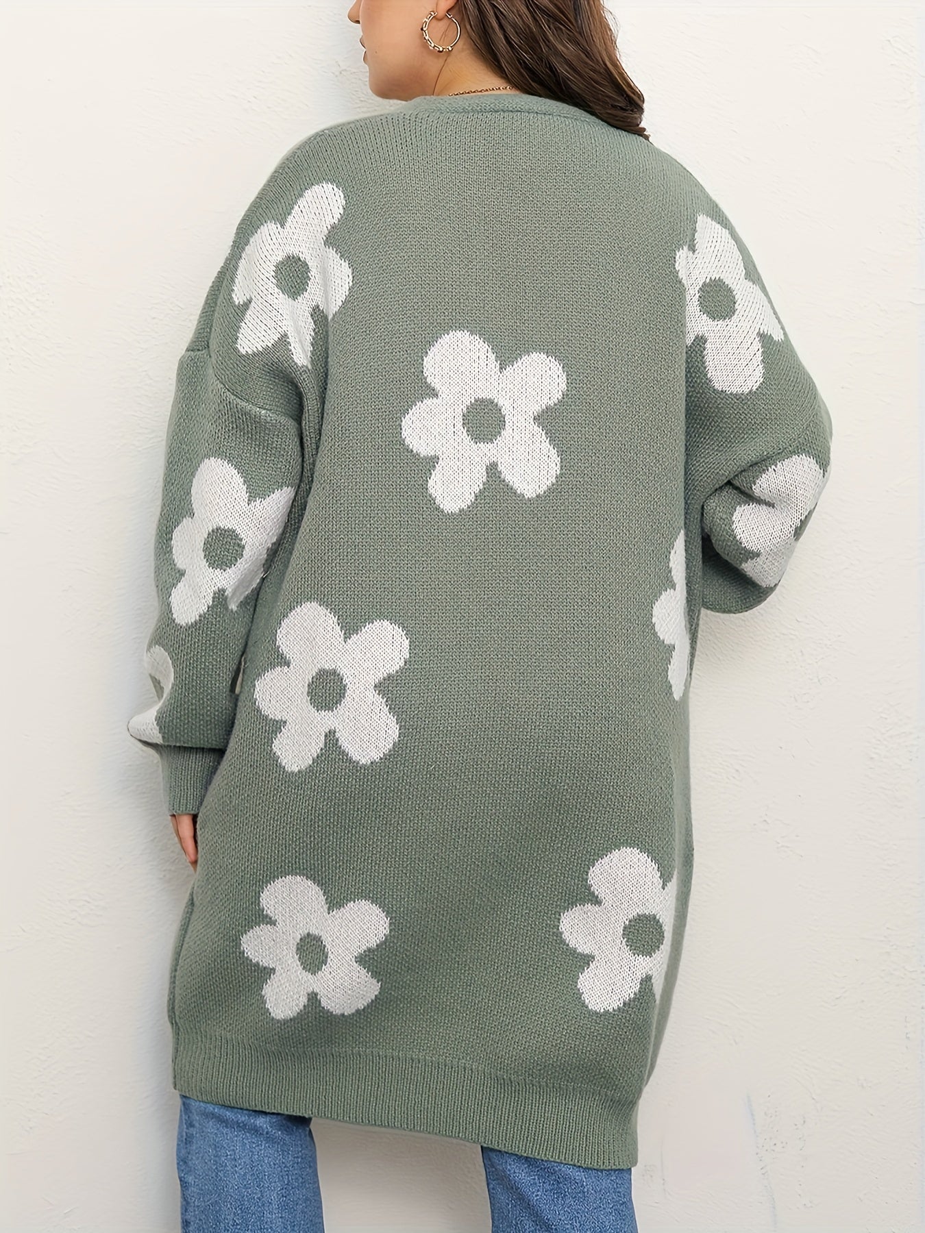 Floral Pattern V-Neck Drop Shoulder Cardigan