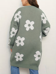 Floral Pattern V-Neck Drop Shoulder Cardigan