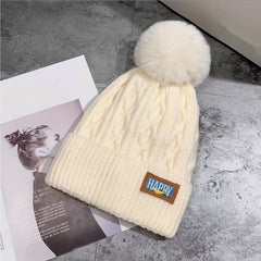 Women's Winter Padded Hat Warm Wool Cap Woolen Pom Pom Knitted Hat