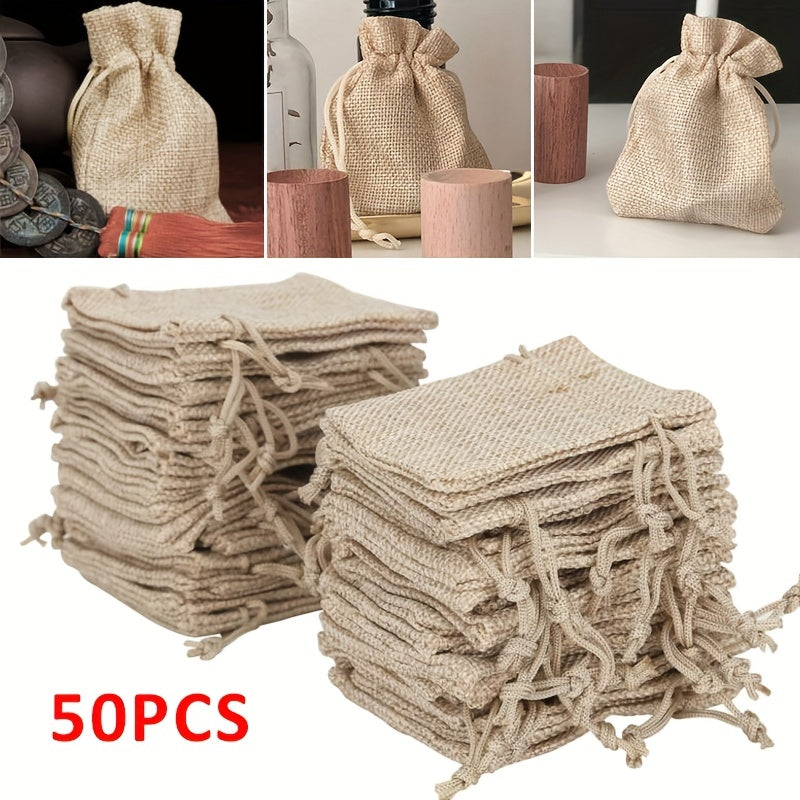 50pcs Small Burlap Jute Hessian Wedding Favor Jewellery Bags Drawstring Pouches