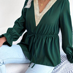 Women's Plus Solid Long Bell Sleeve Applique V Neck Drawstring Waist Blouse