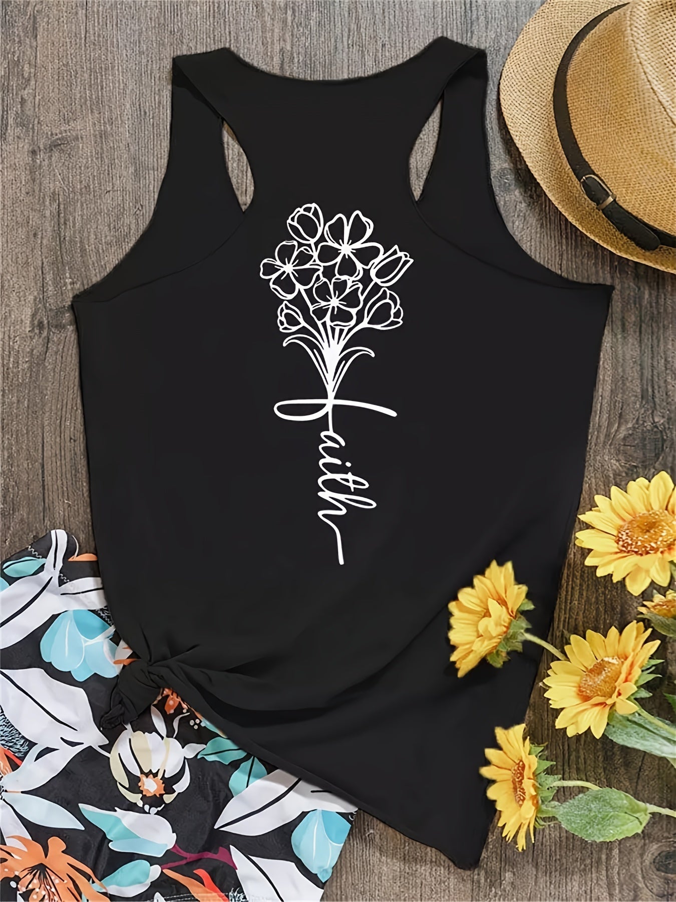 Floral Print Tank Top Sleeveless Crew Neck Casual Women's Tops