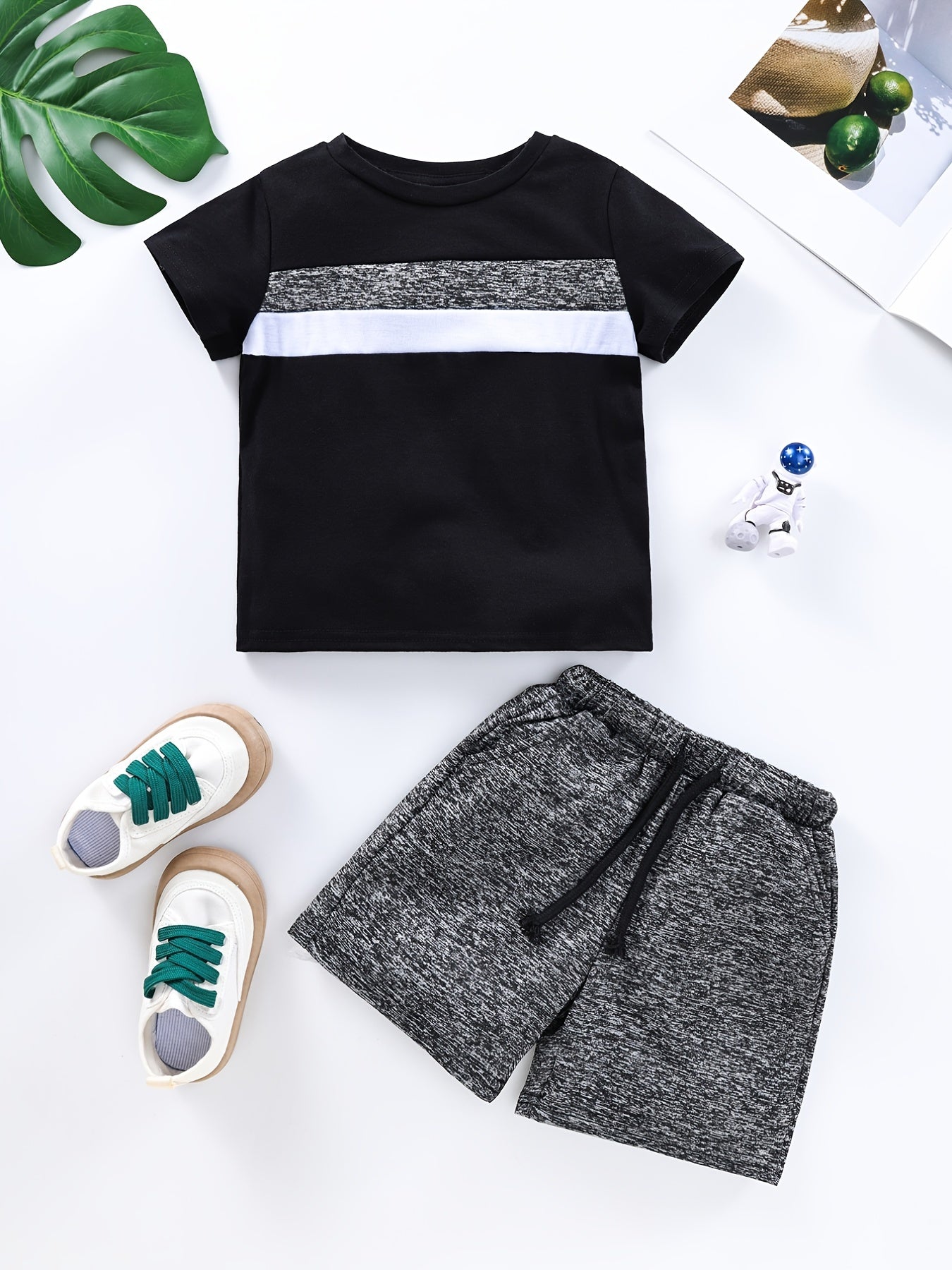 Boy's Block T Shirt & Drawstring Shorts Set for Summer