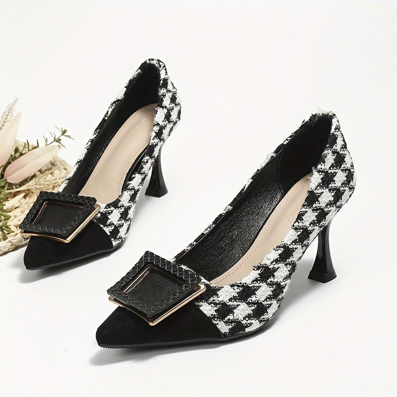 Houndstooth High Heels Square Buckle Pointed Toe Stiletto Heels