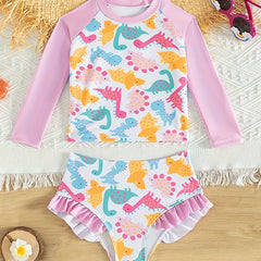 Dino Print 2pc Swimsuits Splicing Top & Ruffle Shorts Girls