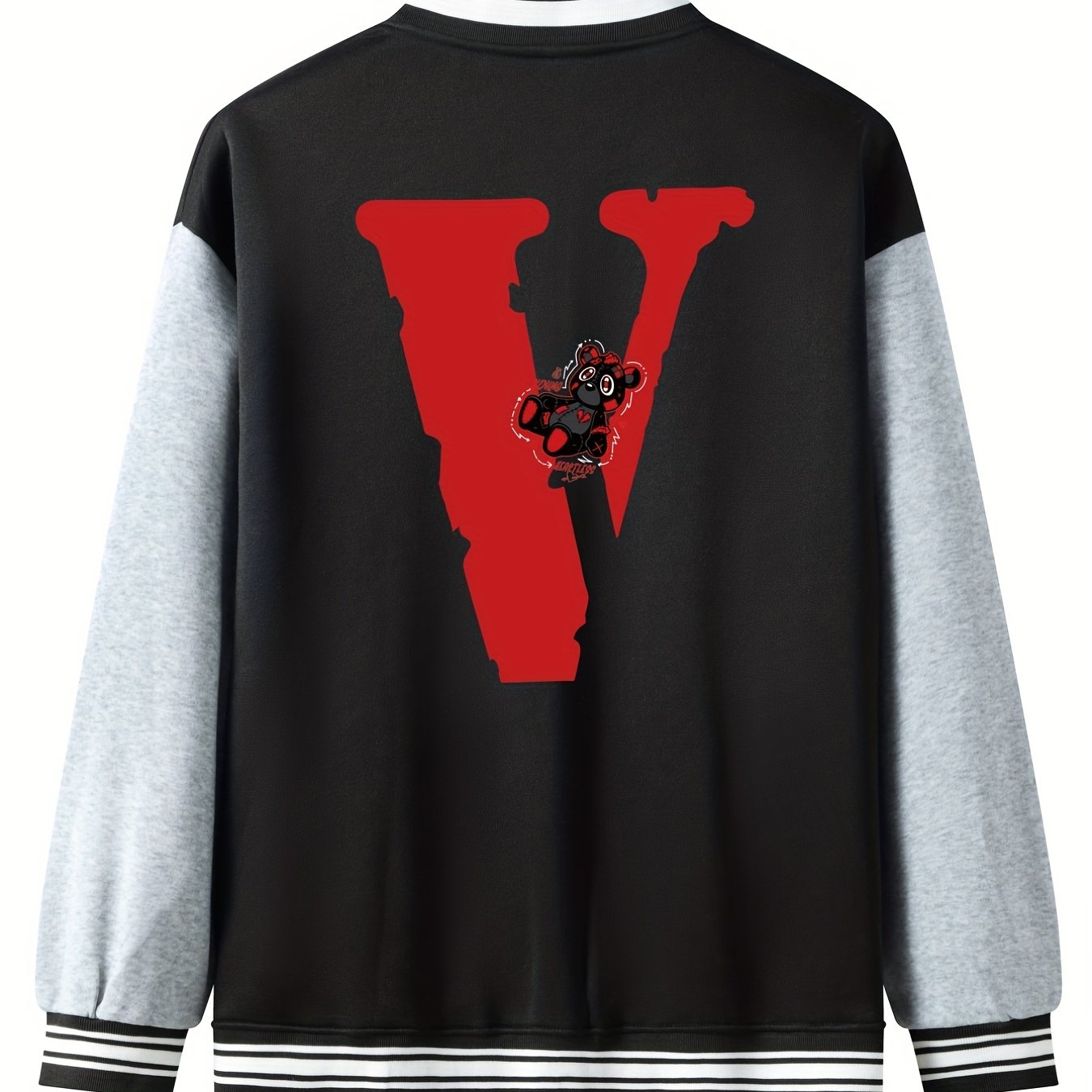 V Letter Print Bear With A Broken Heart Graphic Baseball Jacket
