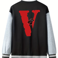 V Letter Print Bear With A Broken Heart Graphic Baseball Jacket