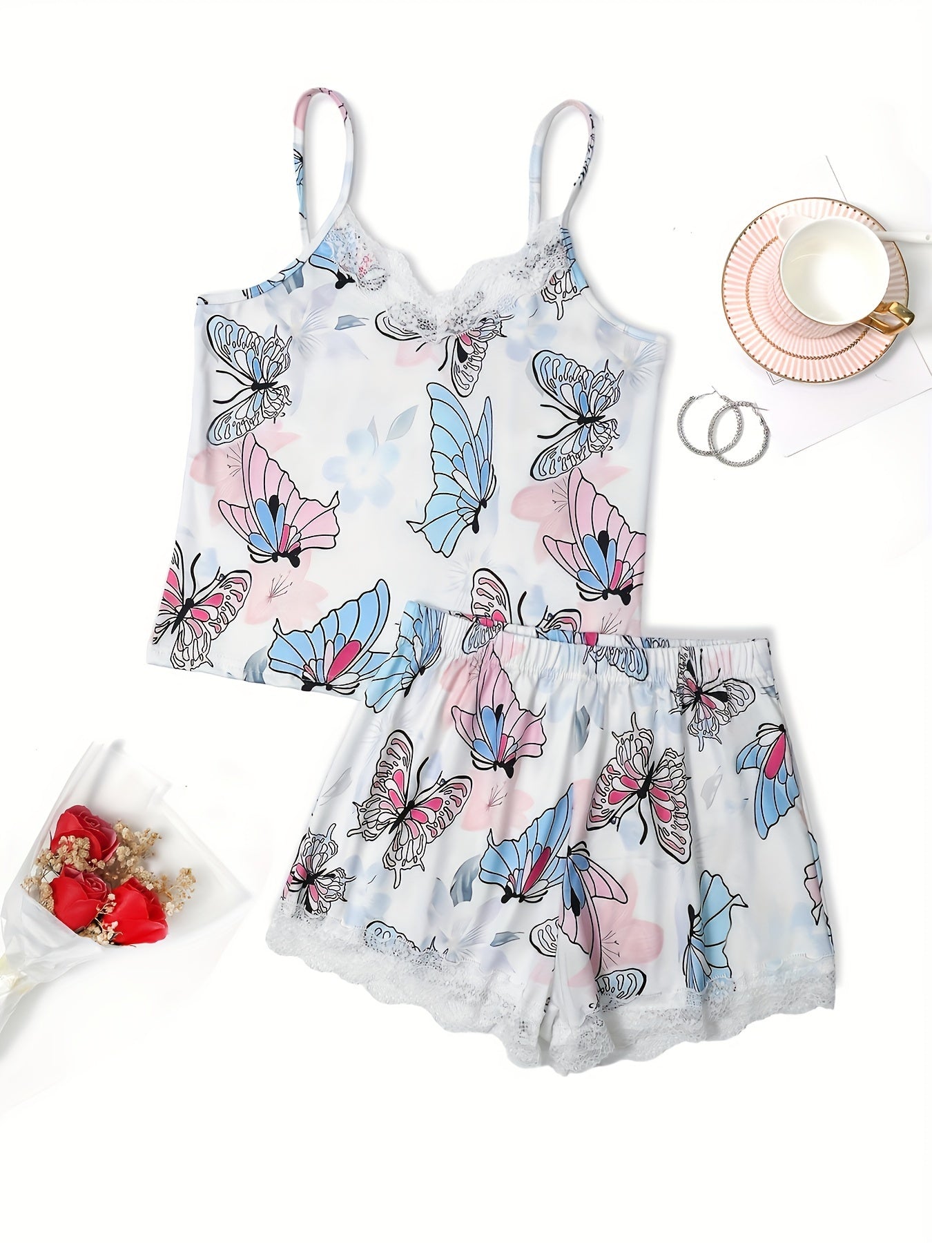 Butterfly Print Pajama Set V Neck Cami Top & Lace Trim Shorts