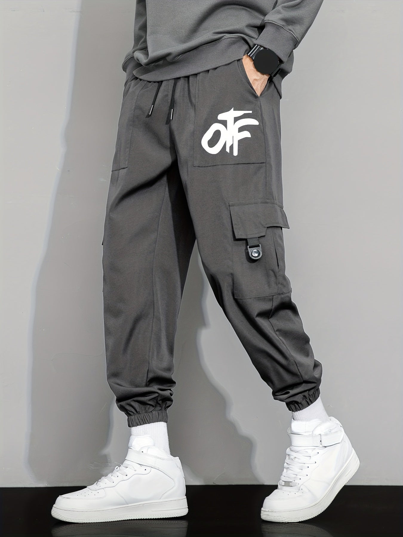 Casual Letter Print Cargo Pants with Drawstring
