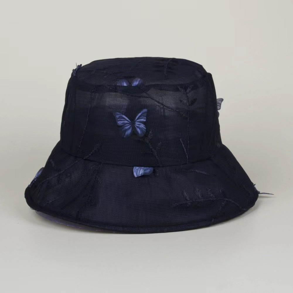 Lace Breathable Bucket Hat with Butterfly Embroidery