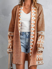 Geometric Print Long Sleeve Cardigan with Pockets