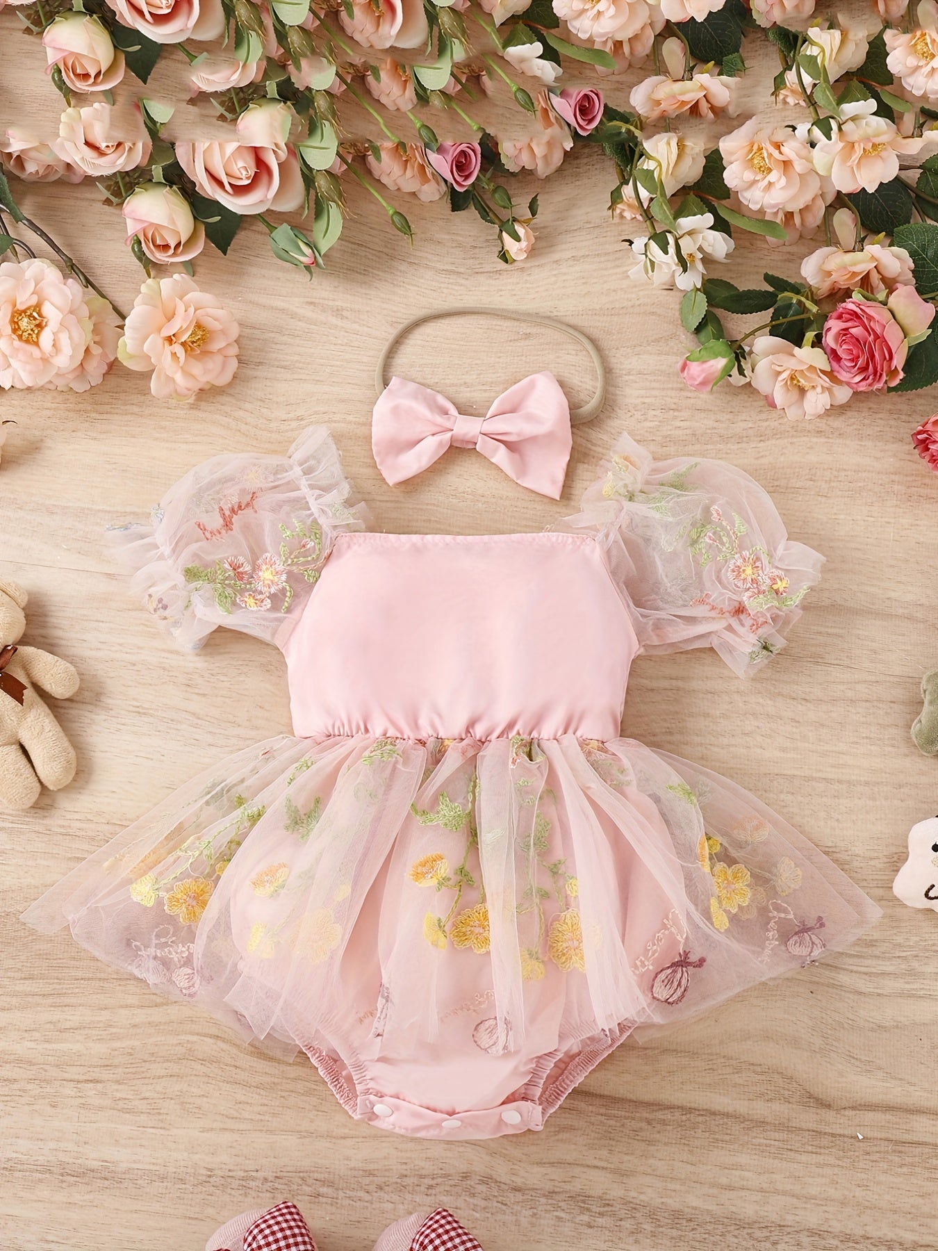 Baby Girls Floral Embroidery Mesh Onesie Dress & Headband Set