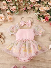 Baby Girls Floral Embroidery Mesh Onesie Dress & Headband Set