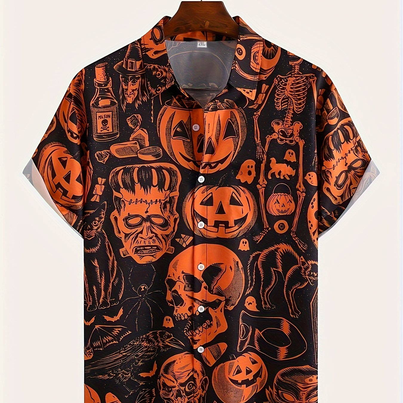Men's Pumpkin Print Button Up Short Sleeve Shirt